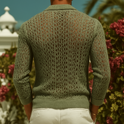 Herren Retro Casual Langarmhemd mit Strickmuster und Reverskragen (Hollow Knit Design)