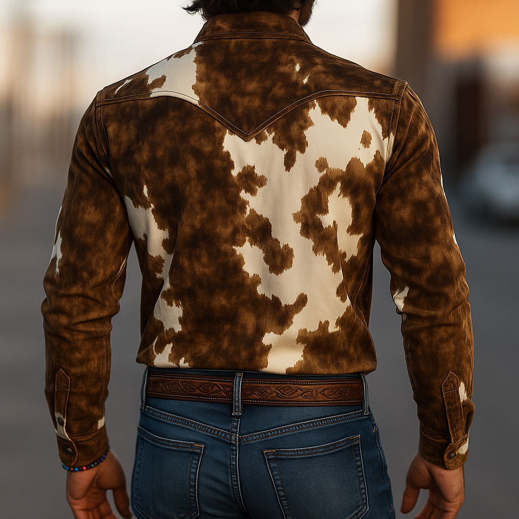 Herren Retro Casual Langarmhemd im Western-Stil mit Kuhfell-Print aus Wildleder und Reverskragen