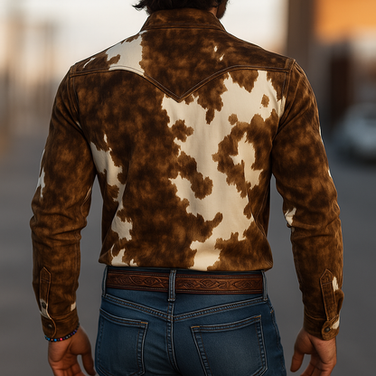 Herren Retro Casual Langarmhemd im Western-Stil mit Kuhfell-Print aus Wildleder und Reverskragen