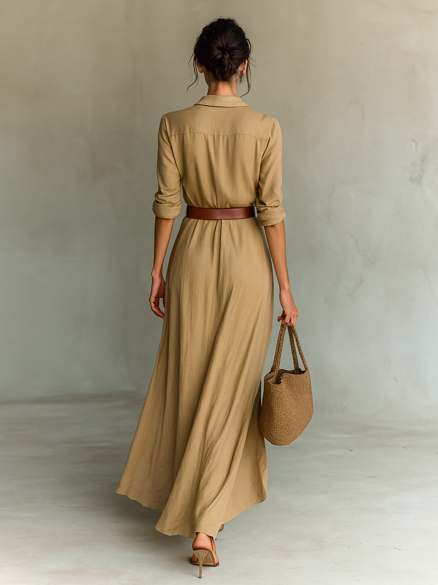 Caliane Maxi Dress™ – Elegantes Maxikleid mit Gürtel- und Kragendesign