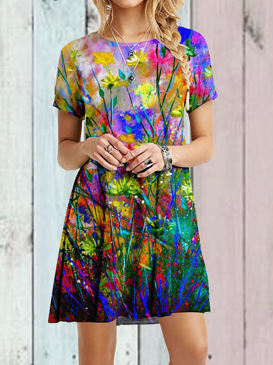 T-shirt met lange mouwen met bloemenkunsttekening en patroon