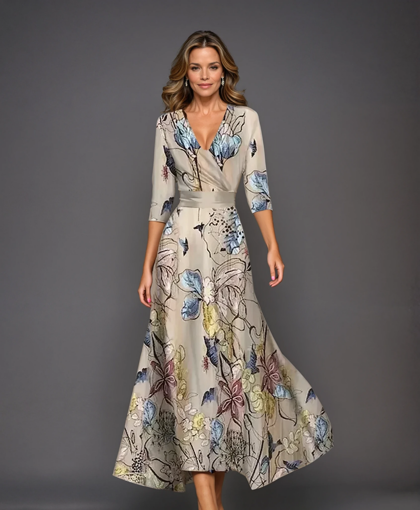 Emily - Bedrucktes Midi-Kleid mit hohem Taillenbund und mittellangen Ärmeln