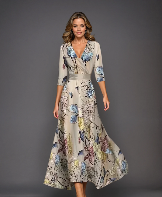 Emily - Bedrucktes Midi-Kleid mit hohem Taillenbund und mittellangen Ärmeln