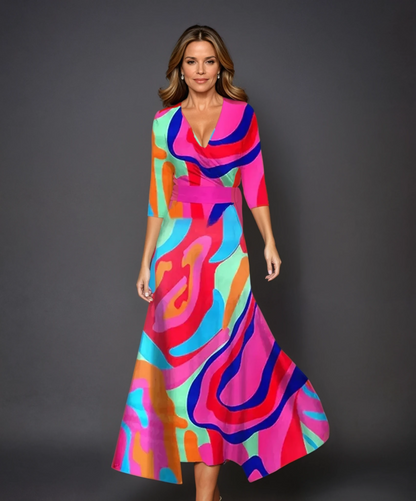 Emily - Bedrucktes Midi-Kleid mit hohem Taillenbund und mittellangen Ärmeln