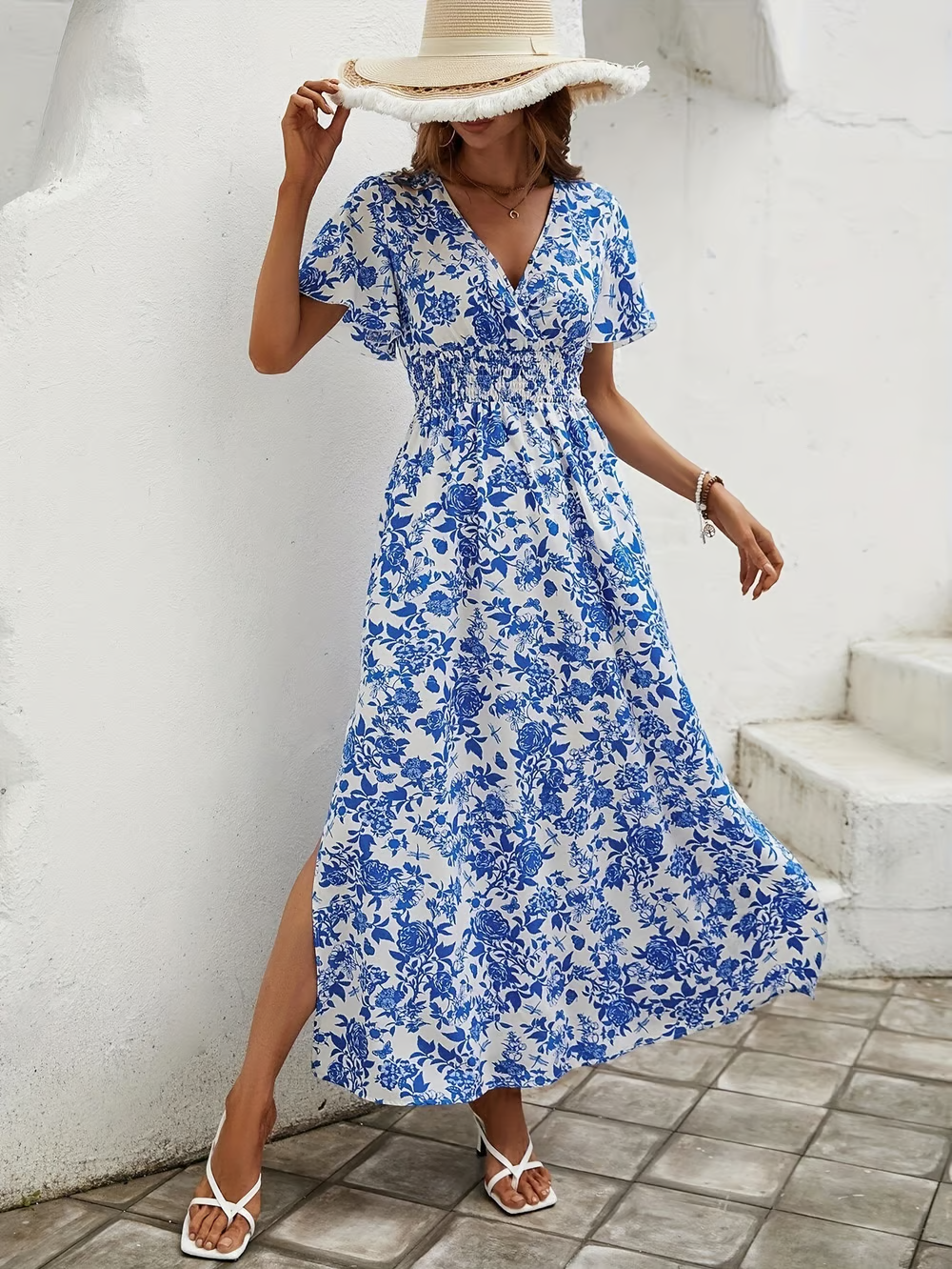 Bea - Bohemian V-hals blauwe strandjurk