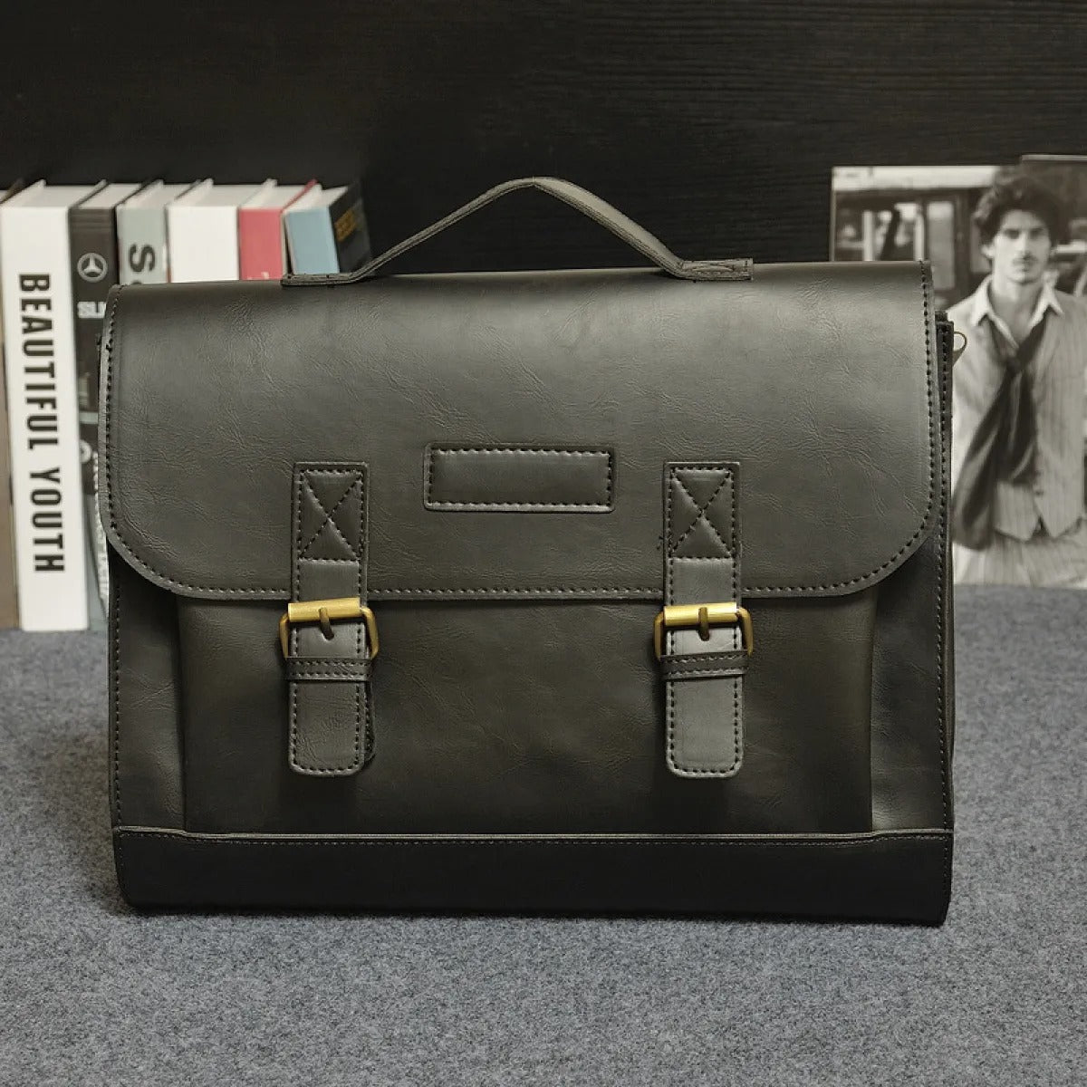 Porte-documents pour homme en cuir synthétique avec boucles de style vintage - Adrien