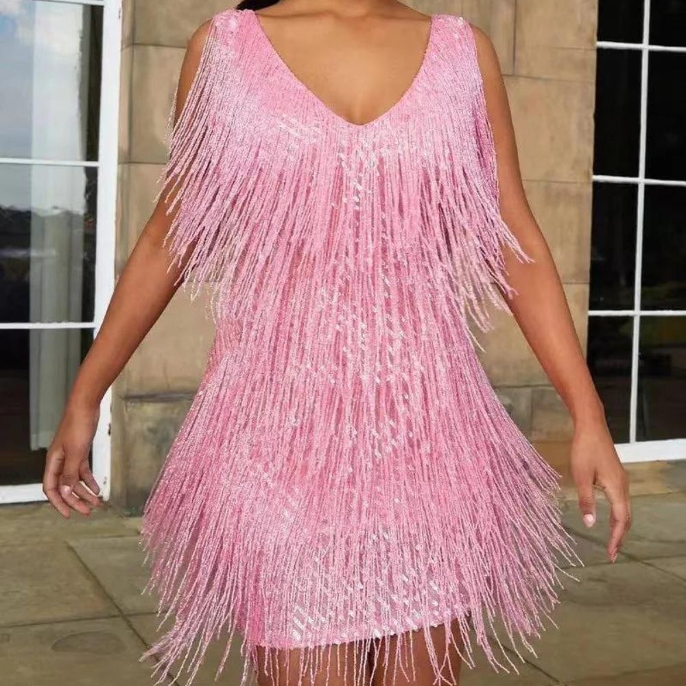 Jutte | Glitterende jurk met franjes