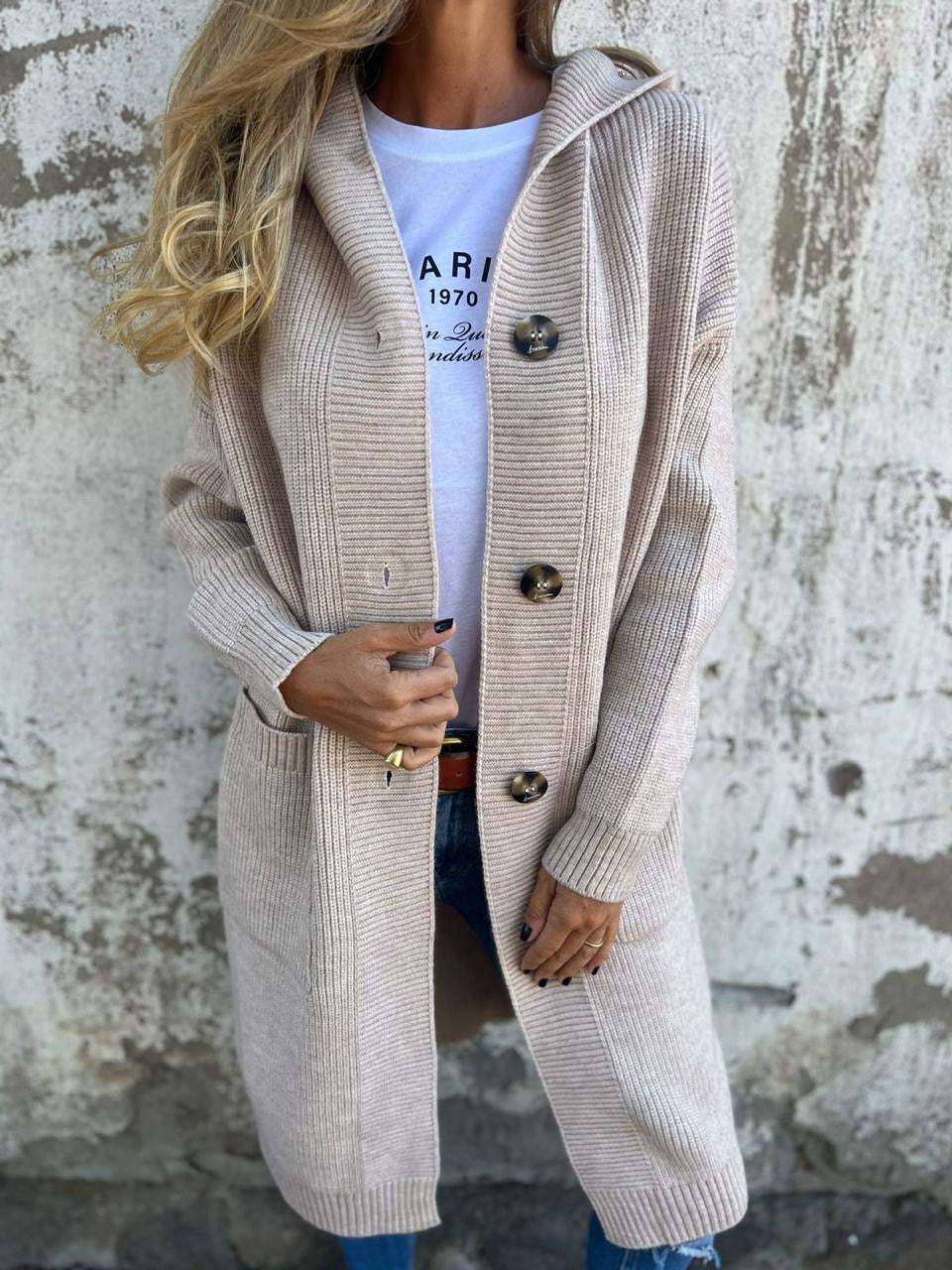 Périne - Cardigan long en tricot avec capuche