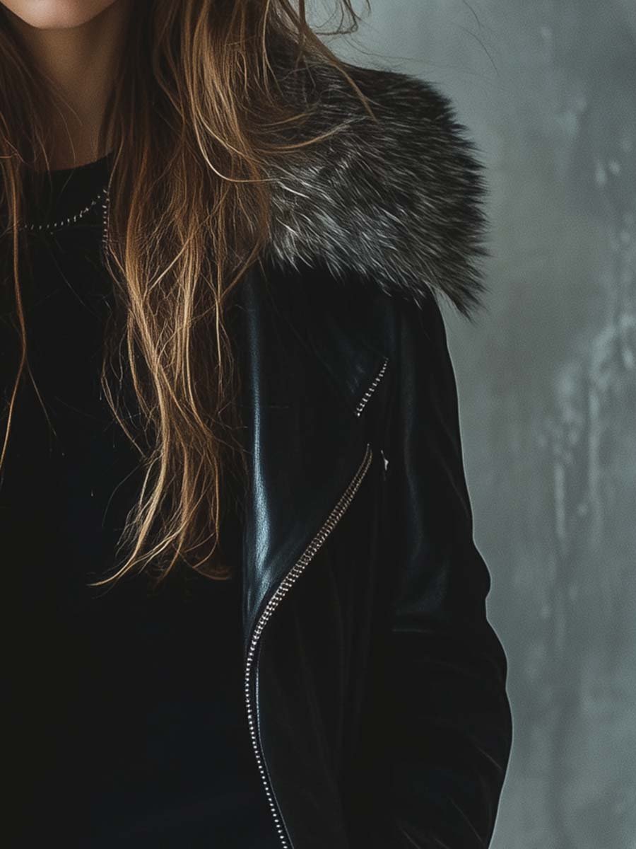Damen Vintage-Leder­mantel in mittlerer Länge mit Fellkragen und Reißverschluss