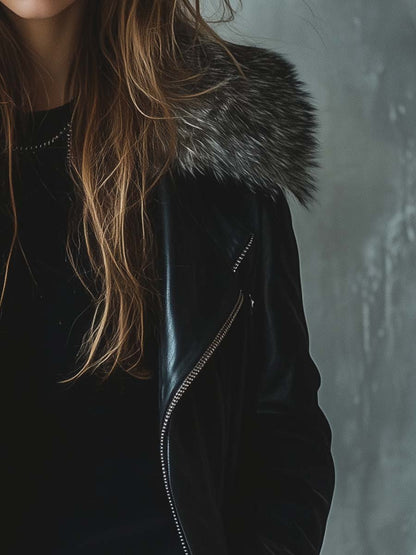 Damen Vintage-Leder­mantel in mittlerer Länge mit Fellkragen und Reißverschluss