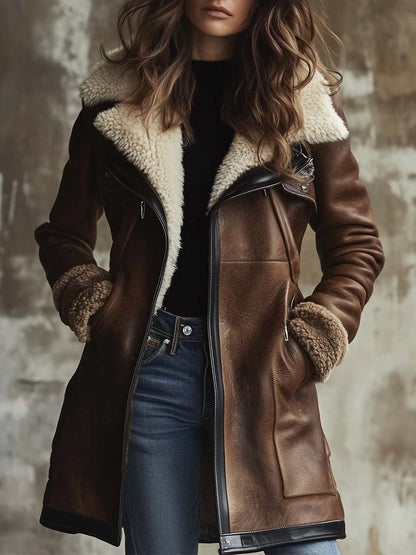 Dames vintage imitatie leren jas met contrasterende lamsvachtkraag