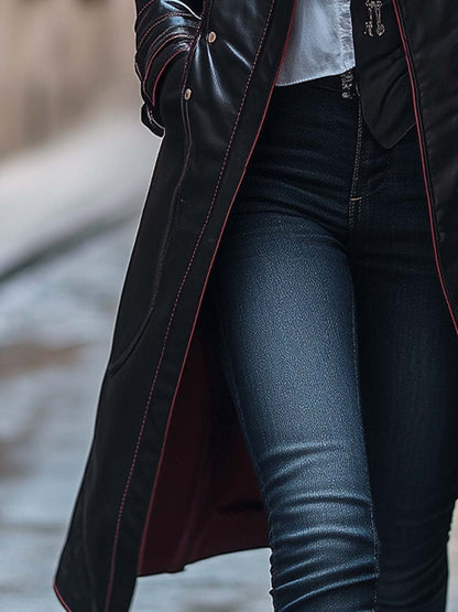 Dames retro leren jas met rits en knopen, lang model