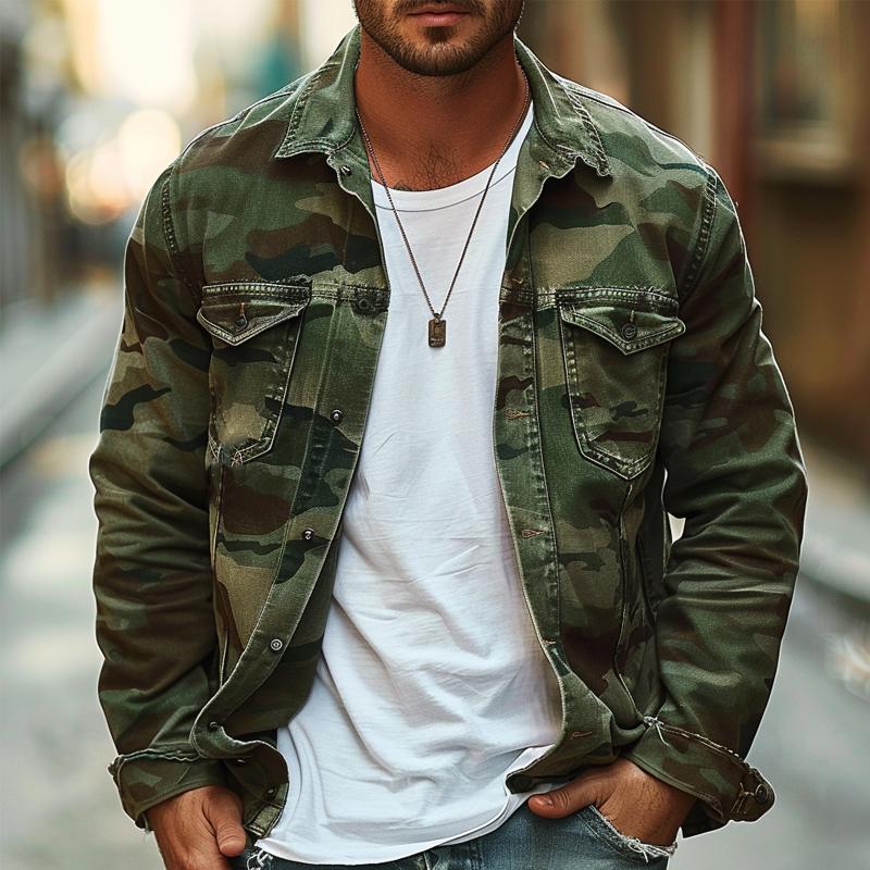 Herrenjacke im Camouflage-Canvas-Retro-Stil mit Reverskragen