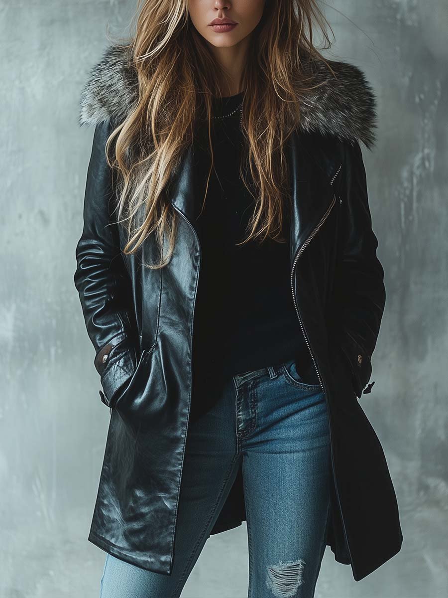 Damen Vintage-Leder­mantel in mittlerer Länge mit Fellkragen und Reißverschluss
