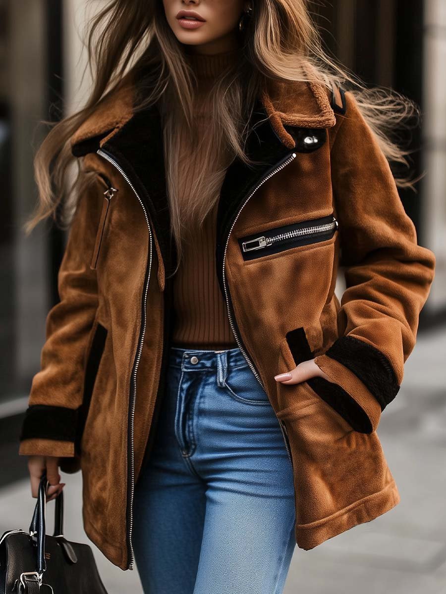 Damen Retro-Wildledermantel mit Reißverschluss und Kontrastfarben
