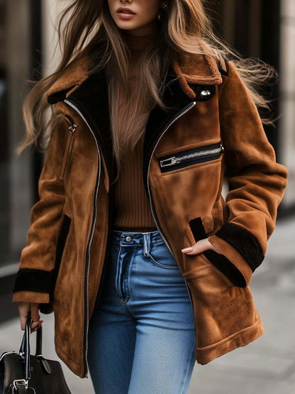 Damen Retro-Wildledermantel mit Reißverschluss und Kontrastfarben