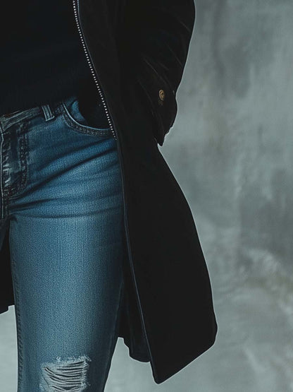 Damen Vintage-Leder­mantel in mittlerer Länge mit Fellkragen und Reißverschluss