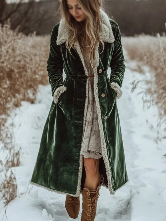 Übergroßer Retro-Samtmantel mit Fellkragen im Casual-Stil, lang