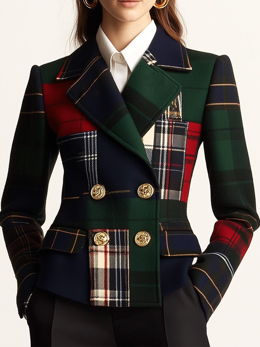 Casual geruite wollen blazer met revers en dubbele rij knopen