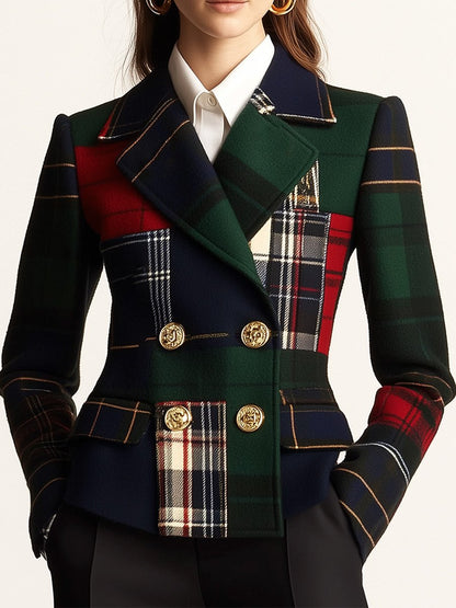 Casual geruite wollen blazer met revers en dubbele rij knopen