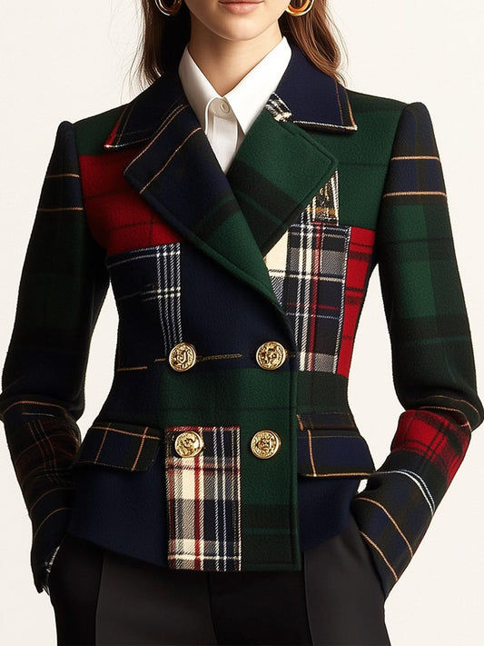Lässiger Karierter Wollblazer mit Revers und Doppelreiher