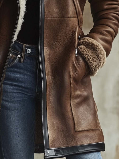 Dames vintage imitatie leren jas met contrasterende lamsvachtkraag