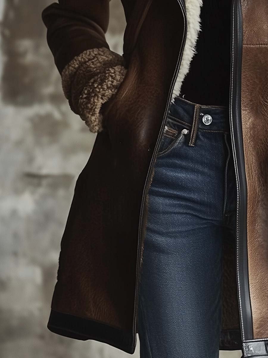 Dames vintage imitatie leren jas met contrasterende lamsvachtkraag