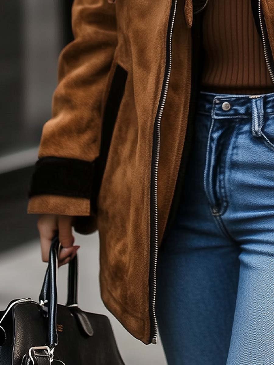 Damen Retro-Wildledermantel mit Reißverschluss und Kontrastfarben