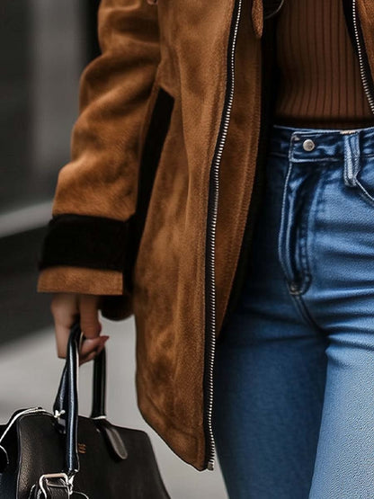 Damen Retro-Wildledermantel mit Reißverschluss und Kontrastfarben