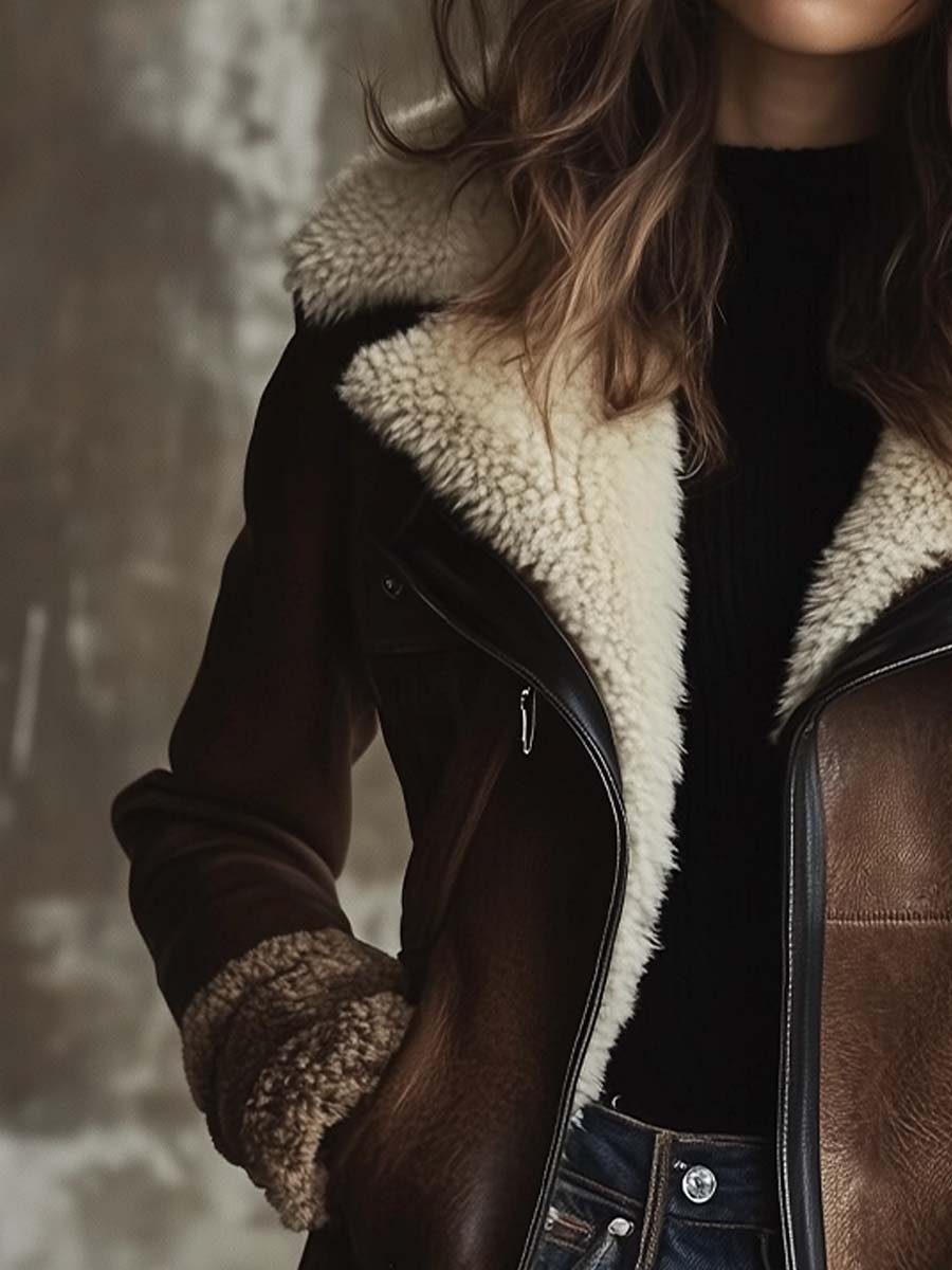 Dames vintage imitatie leren jas met contrasterende lamsvachtkraag