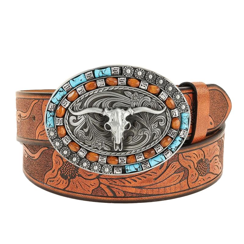 Herren Vintage Geprägter Western-Rindsledergürtel 83232677Y