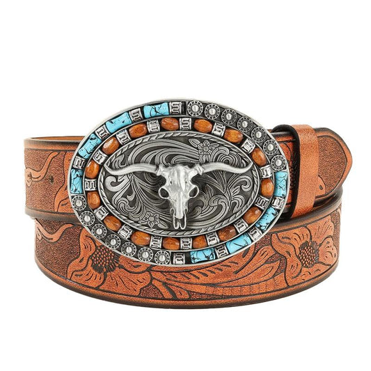 Vintage heren westernleren riem met reliëf 83232677Y