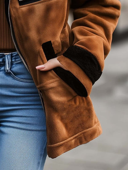 Damen Retro-Wildledermantel mit Reißverschluss und Kontrastfarben