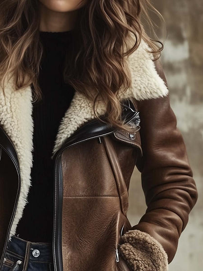 Dames vintage imitatie leren jas met contrasterende lamsvachtkraag