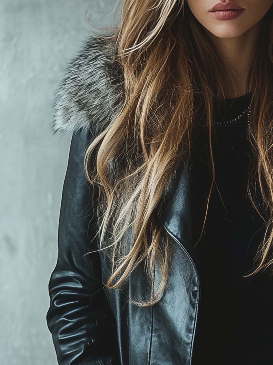 Damen Vintage-Leder­mantel in mittlerer Länge mit Fellkragen und Reißverschluss