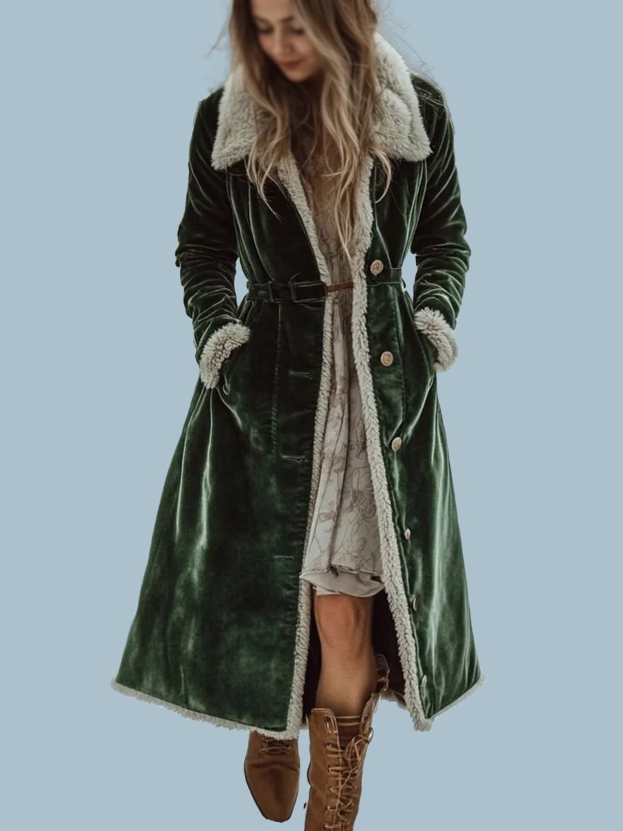 Oversized retro fluwelen jas met bontkraag in casual stijl, lang