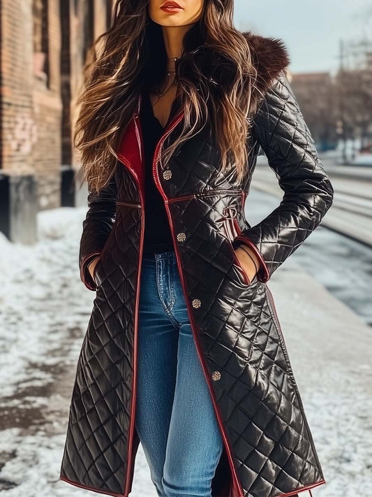 Damen Vintage-Steppmantel mit Fellkragen und kontrastierenden Farben