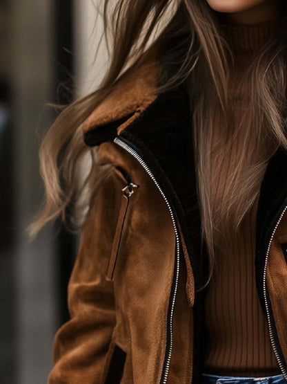 Damen Retro-Wildledermantel mit Reißverschluss und Kontrastfarben