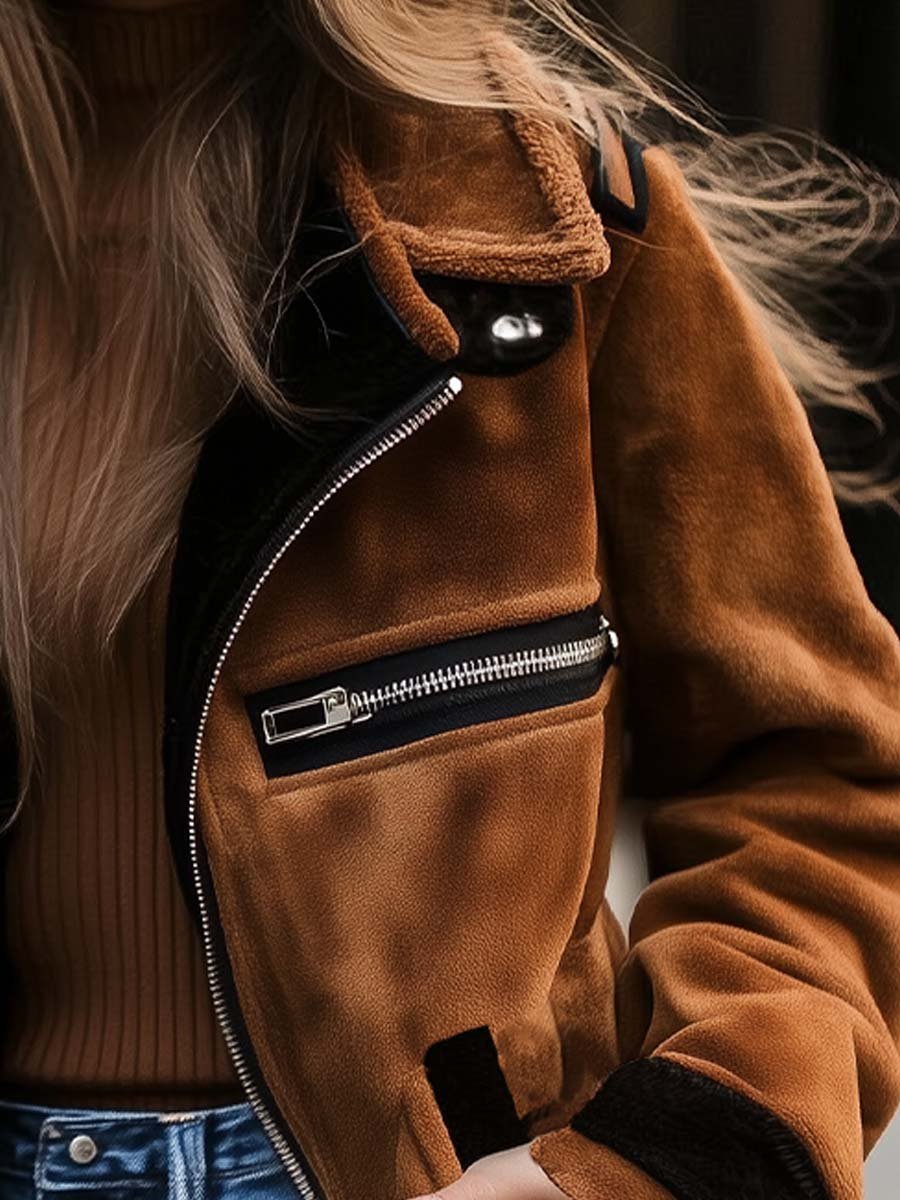 Damen Retro-Wildledermantel mit Reißverschluss und Kontrastfarben