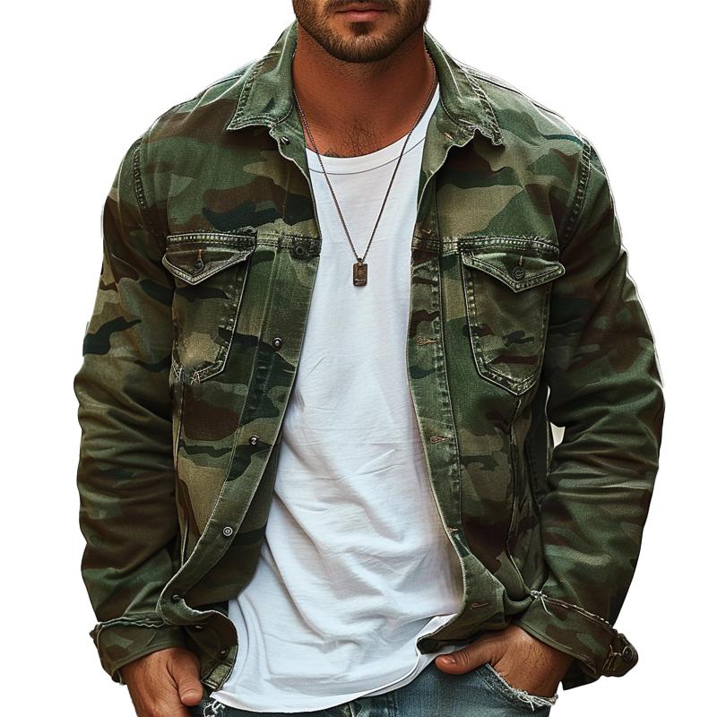 Herrenjacke im Camouflage-Canvas-Retro-Stil mit Reverskragen