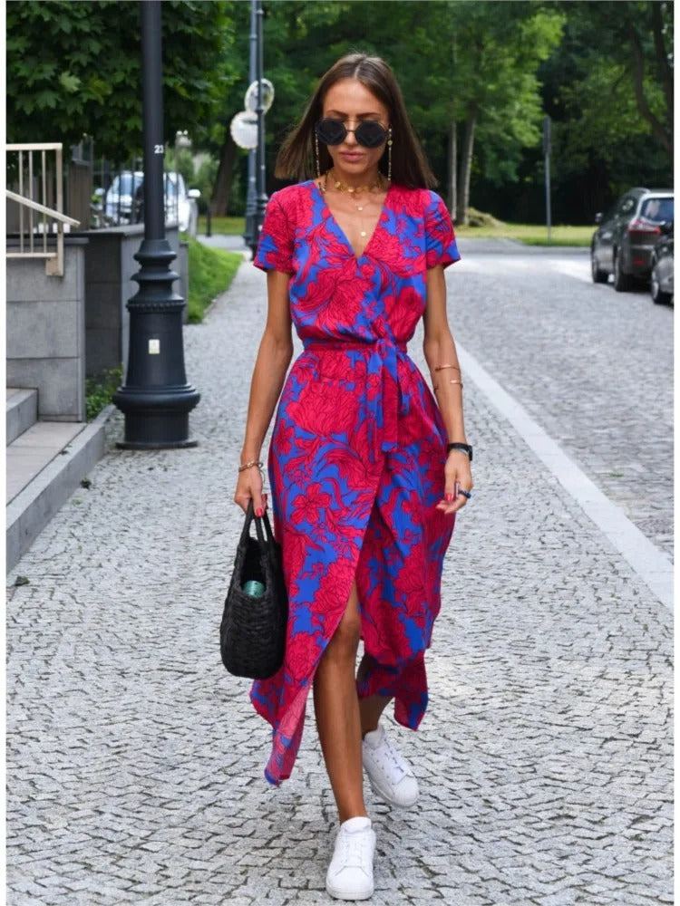 Vada - Sunset Stroll V-hals Jurk Met Split En Print