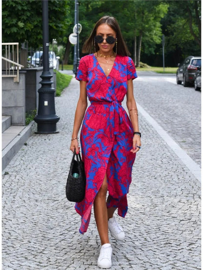 Vada - Sunset Stroll V-hals Jurk Met Split En Print