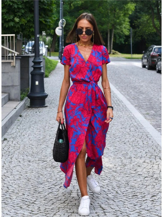 Vada - Sunset Stroll V-Ausschnitt Schlitz Druckkleid