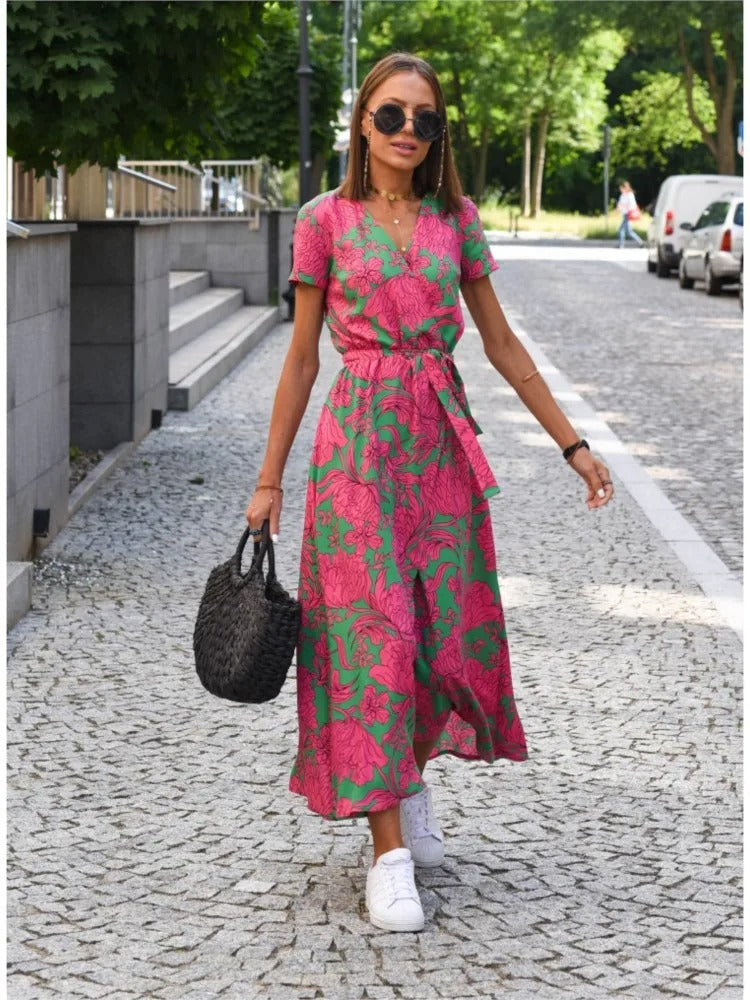 Vada - Sunset Stroll V-hals Jurk Met Split En Print