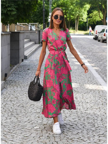 Vada - Sunset Stroll V-hals Jurk Met Split En Print