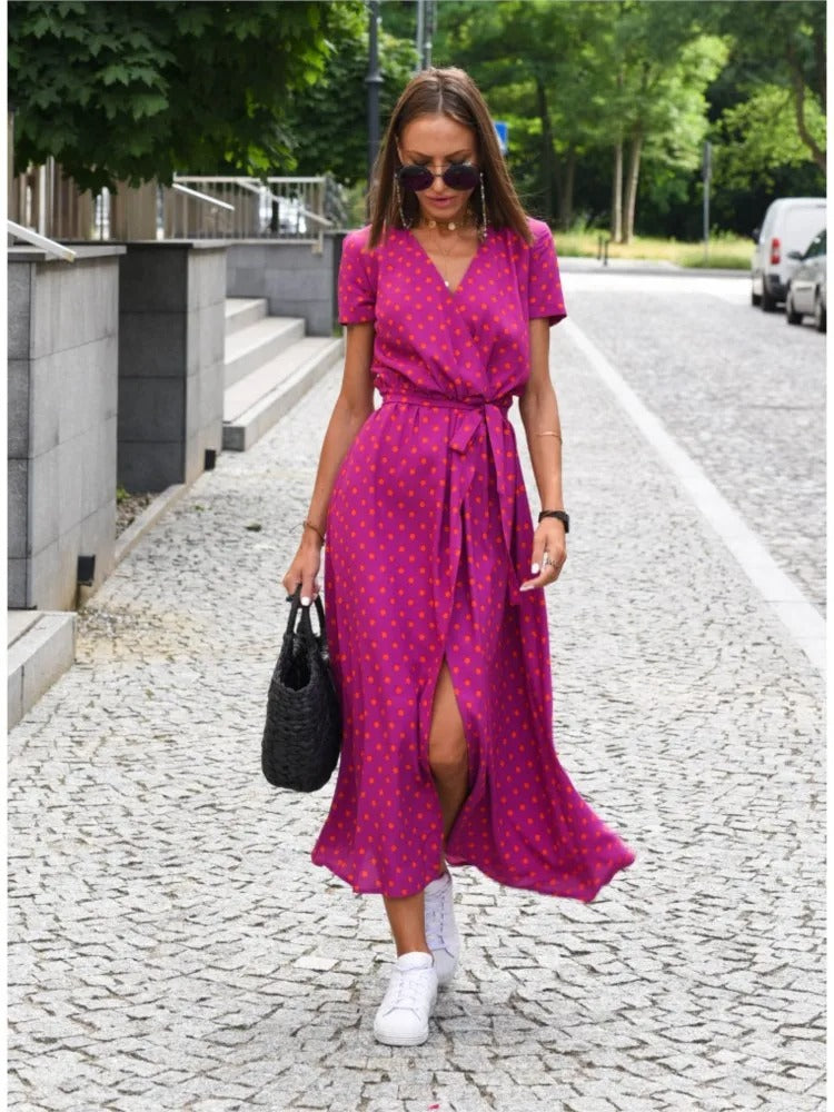 Vada - Sunset Stroll V-hals Jurk Met Split En Print
