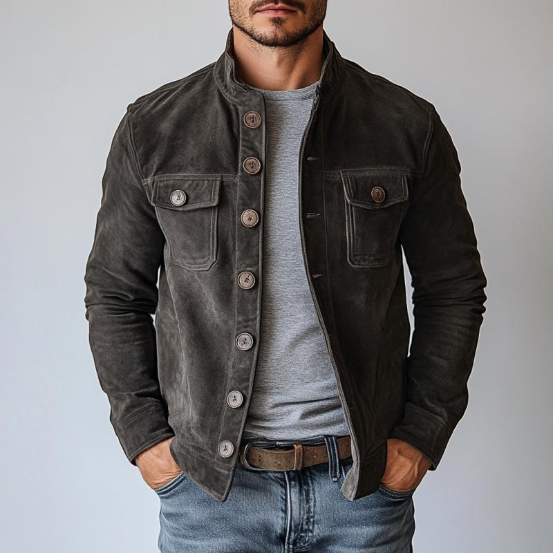 Herren Vintage Wildlederjacke mit Stehkragen und einreihigem Verschluss