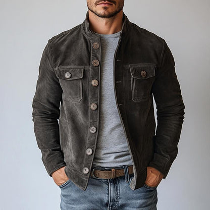 Herren Vintage Wildlederjacke mit Stehkragen und einreihigem Verschluss