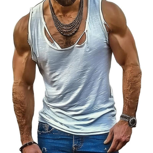 Herren Lässiges Baumwollmischung Tanktop im Used-Look mit Löchern 74410172M
