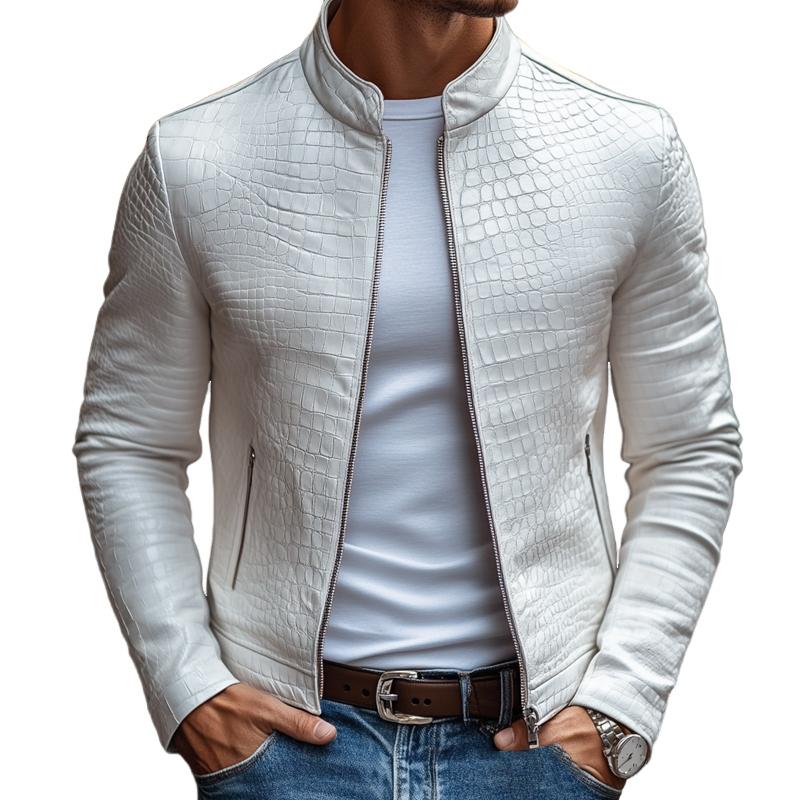 Heren leren jas met steenpatroon, opstaande kraag, ritssluiting en slimfit-pasvorm